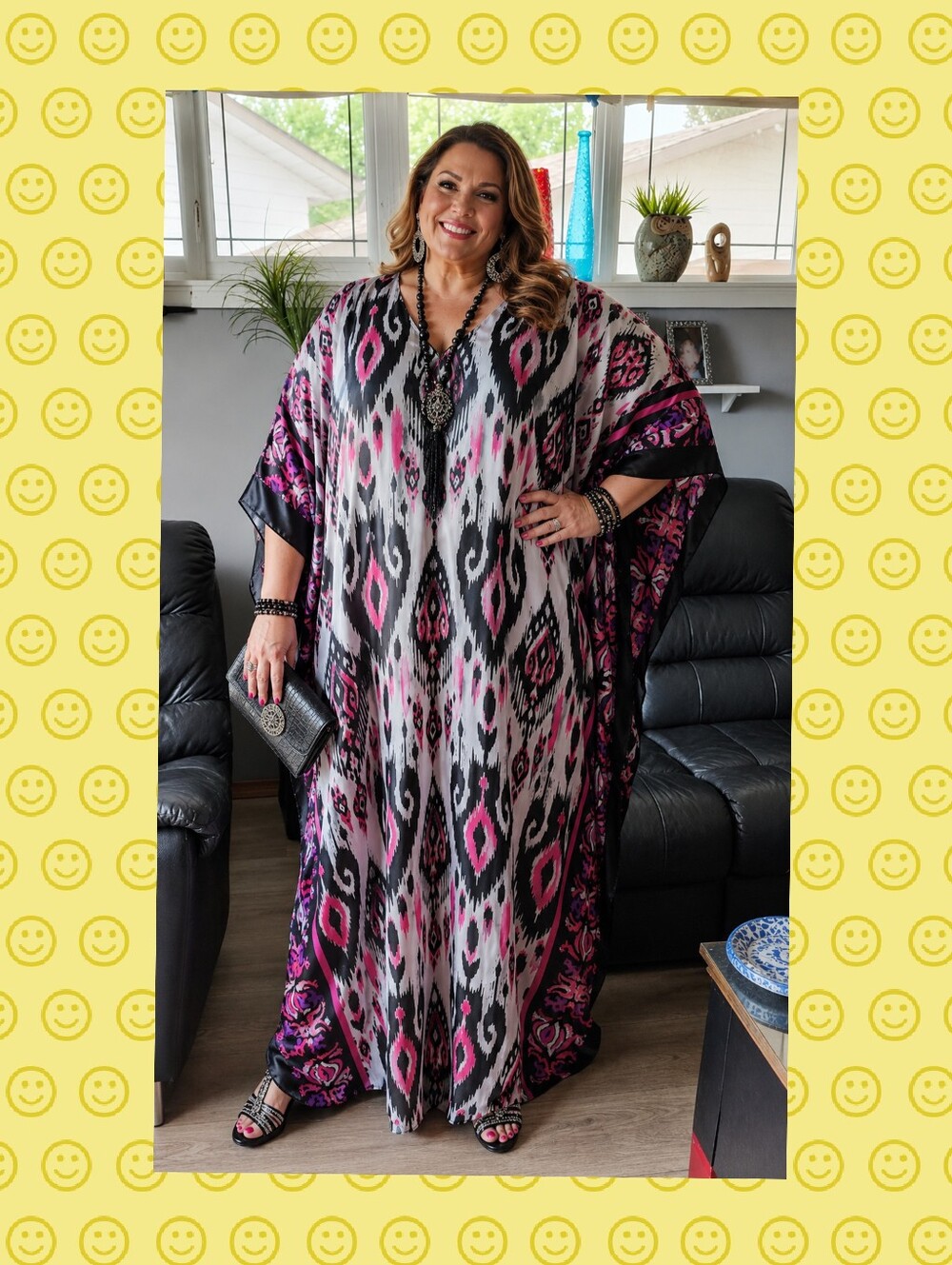 Casual Time VINTAGE Ikat caftan Maxi Dress Pink Black Plus O/S 6XL